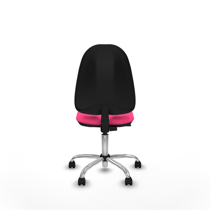 Silla de oficina Algarra con mecanismo Contacto permanente básico tapizada con Similpiel color Rosa. Equipada con Base cromada, Sin brazos y Ruedas de nailon 50 mm