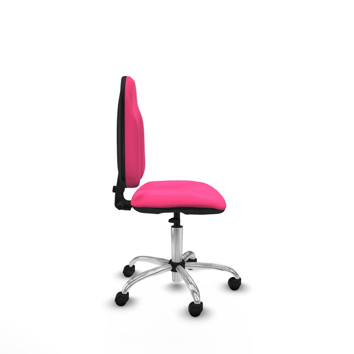 Silla de oficina Algarra con mecanismo Contacto permanente básico tapizada con Similpiel color Rosa. Equipada con Base cromada, Sin brazos y Ruedas de nailon 50 mm