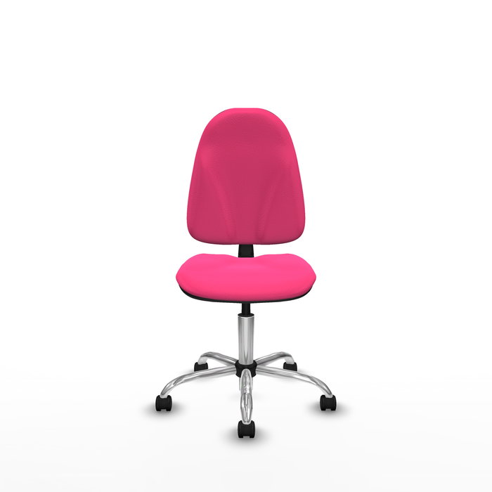 Silla de oficina Algarra con mecanismo Contacto permanente básico tapizada con Similpiel color Rosa. Equipada con Base cromada, Sin brazos y Ruedas de nailon 50 mm