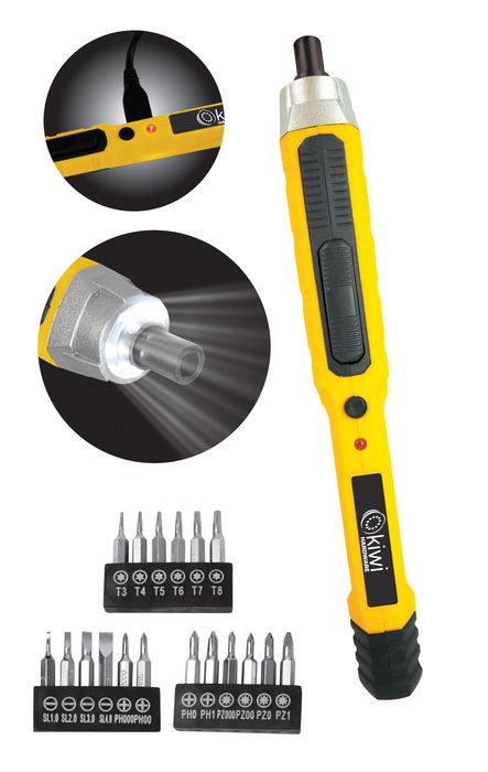 Kiwi Juego de Destornilladores Eléctricos Inalámbricos Recargable USB con 18 Accesorios - 21 x 10.5 x 3.5 cm (5 Cajas)