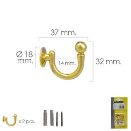 MAURER Gancho Latonado Atornillable de 37 mm con Tacos y Tornillos (Blister de 2 piezas)