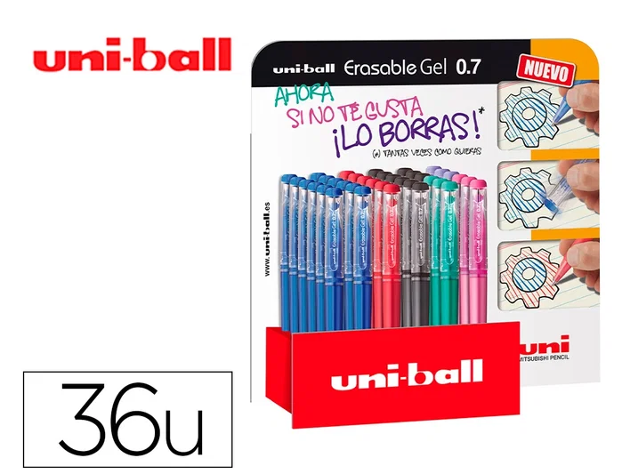 UNI-BALL Bolígrafo Roller UF-222 Tinta Gel Borrable Colores Surtidos Expositor de 36
