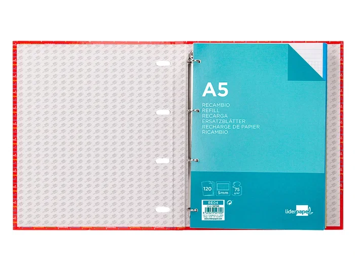 Liderpapel Carpeta con Recambio A5 Cuadro 5mm, 4 Anillas de 20mm, Forrada, 120 Hojas 80 g/m², Colores Surtidos (Azul, Blanco, Celeste, Naranja, Rojo, Verde)