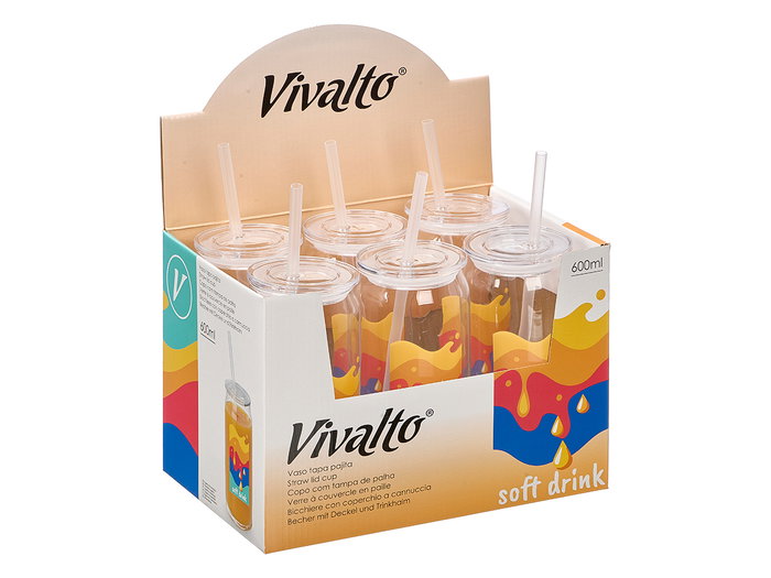 Vivalto Vaso de Cristal con Tapa y Pajita para Soft Drink - 620 ml - Dimensiones: 7.6 x 17 x 7.6 cm (con pajita: 24 cm) (Set de 24)