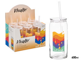 Vivalto Vaso de Cristal con Tapa y Pajita para Soft Drink - 620 ml - Dimensiones: 7.6 x 17 x 7.6 cm (con pajita: 24 cm) (Set de 24)