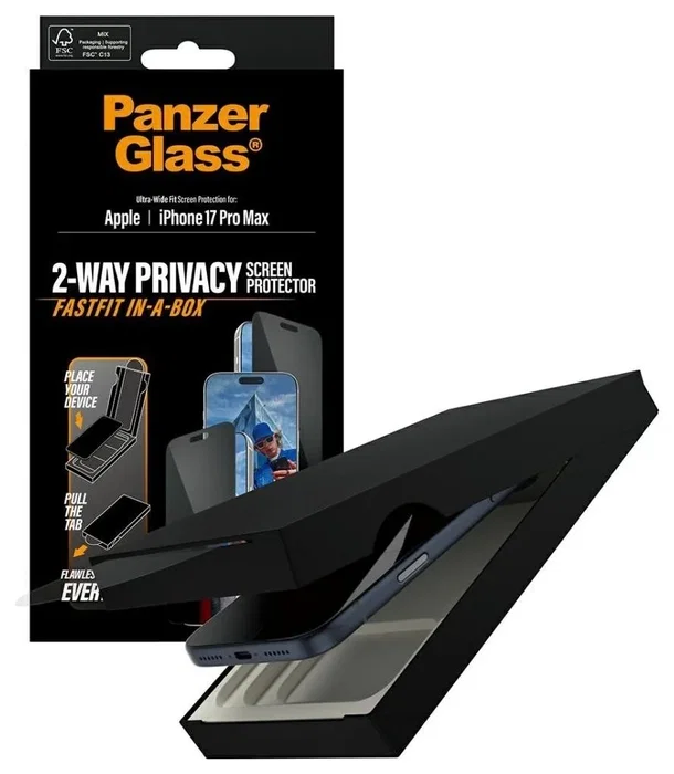 PanzerGlass Privacy BK Frame iPhone 17 Pro Max con marco negro y FastFit PanzerGlass Privacy BK Frame iPhone 17 Pro Max con marco negro y FastFit