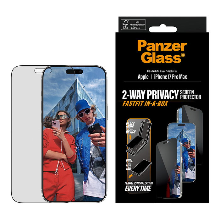 PanzerGlass Protector de Pantalla 2-Way Privacidad FASTFIT para iPhone 17 Pro Max - Vidrio Templado, Aplicación en Seco, Anti-rayaduras y Golpes