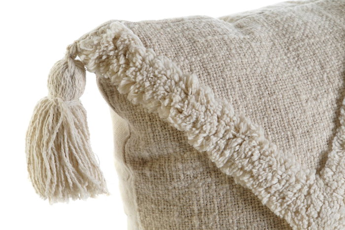 DKD Home Decor Cojin Blanco Algodon y Lino con Flecos y Rombos 45x45x15 cm