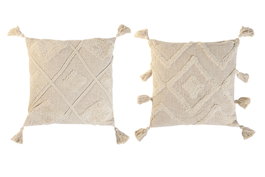 DKD Home Decor Cojin Blanco Algodon y Lino con Flecos y Rombos 45x45x15 cm