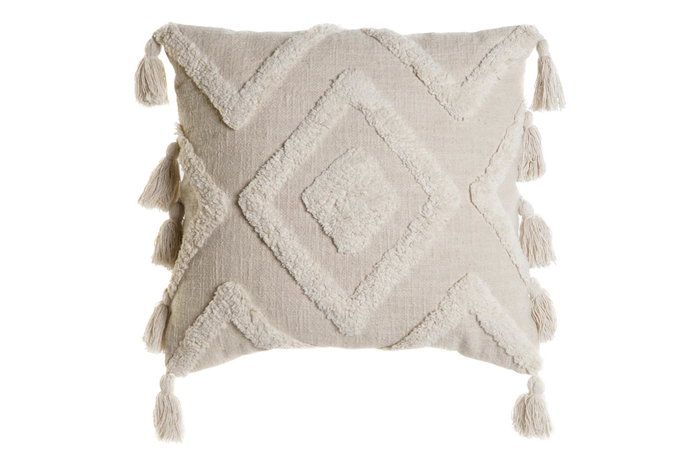 DKD Home Decor Cojin Blanco Algodon y Lino con Flecos y Rombos 45x45x15 cm