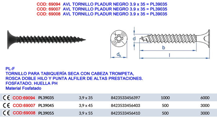 DUVER Tornillo Autorroscante Rosca Chapa Cabeza Larga 38mm ø 6.3mm