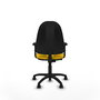 Silla de oficina Algarra con mecanismo Contacto permanente básico tapizada con Tela color Amarillo. Equipada con Base poliamida negra, Brazos 2D y Ruedas de nailon 50 mm