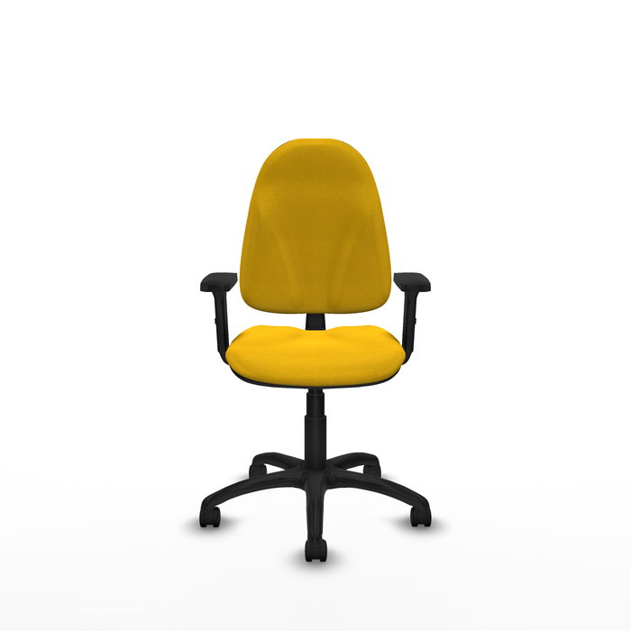 Silla de oficina Algarra con mecanismo Contacto permanente básico tapizada con Tela color Amarillo. Equipada con Base poliamida negra, Brazos 2D y Ruedas de nailon 50 mm