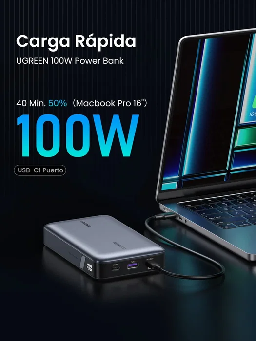 Ugreen Batería externa 20.000 mAh 100 W Gris Ugreen Batería externa 20.000 mAh 100 W Gris