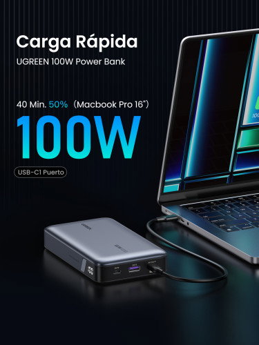 UGREEN 25188 Batería Externa 20000 mAh Gris Carga Rápida 100W PD3.0 QC3.0 Carga hasta 3 Dispositivos Simultáneamente
