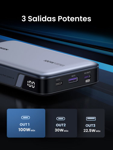 UGREEN 25188 Batería Externa 20000 mAh Gris Carga Rápida 100W PD3.0 QC3.0 Carga hasta 3 Dispositivos Simultáneamente