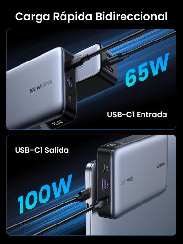 UGREEN 25188 Batería Externa 20000 mAh Gris Carga Rápida 100W PD3.0 QC3.0 Carga hasta 3 Dispositivos Simultáneamente