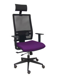 Silla de oficina Horna con mecanismo Sincro/Traslack tapizada con Tela color Morado y malla color Negro. Equipada con lumbar 1D, Brazos 1D, Cabecero Fijo y Ruedas de parqué