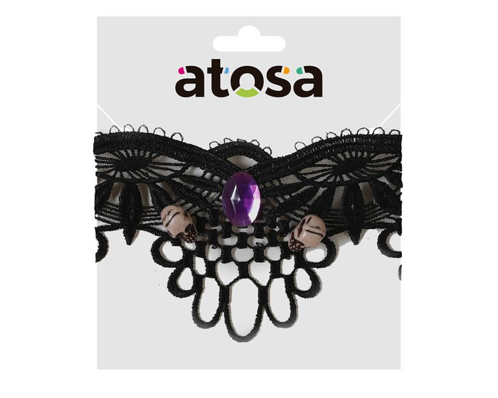 Collar Gótico Negro con Calaveras y Piedra Morada para Halloween Collar Gótico Negro con Calaveras y Piedra Morada para Halloween