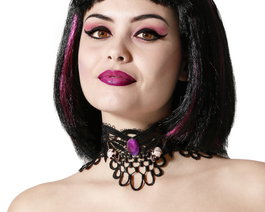 Collar Gótico Negro con Calaveras y Piedra Morada para Halloween