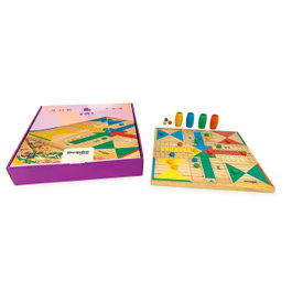 DEQUBE D00338 Parchís y Oca de Madera FSC Reversible, Juego de Mesa Familiar para +5 años, Idioma: Español, English, Portugués