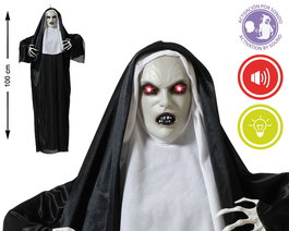 Figura Colgante Monja Demoníaca Con Capa Negra Y Capucha Blanca Con Luz Y Sonido
