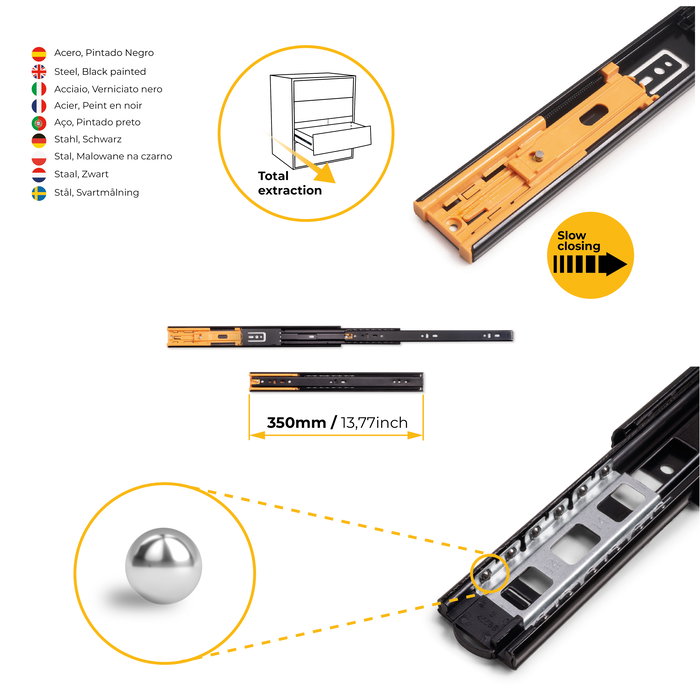 Emuca Lote de 5 juegos de guías para cajones, de bolas, altura 45mm, profundidad 350mm, extracción total, cierre suave, Negro