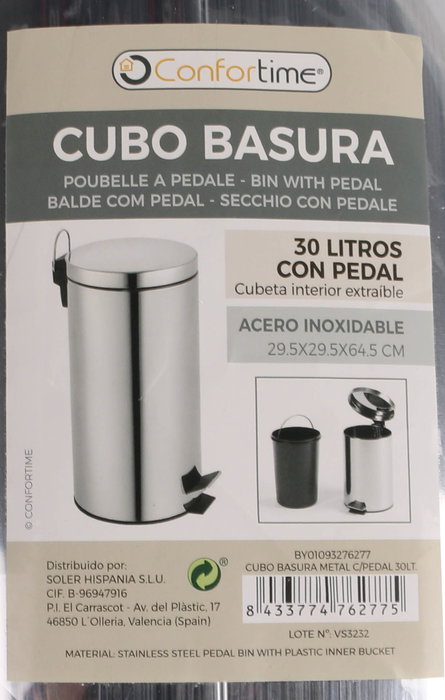 Confortime Cubo de Basura Metálico con Pedal 30 Litros Gris 36 x 29.5 x 64.5 cm (2 Unidades)