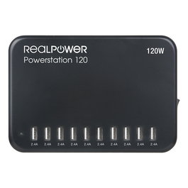 Realpower Power Station 120 - Estación de Carga AC 120W Interior Negro, 10 Puertos USB, Protección Sobretensión