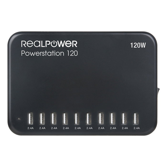 Realpower Power Station 120 - Estación de Carga AC 120W Interior Negro, 10 Puertos USB, Protección Sobretensión