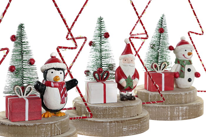 DKD Home Decor Decoracion Navidad Tradicional Rojo Marron Arbol Pinguino Papa Noel Muñeco Nieve Madera Metal Led 11 x 21 x 17 cm (3 Unidades)