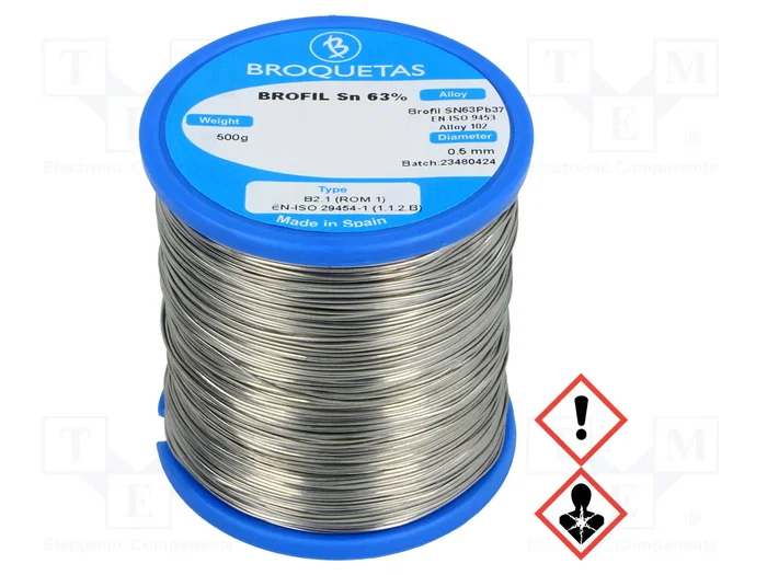 BROQUETAS Sn63Pb37 Estaño Plúmbico 0,5 mm 500 g BROQUETAS Sn63Pb37 Estaño Plúmbico 0,5 mm 500 g