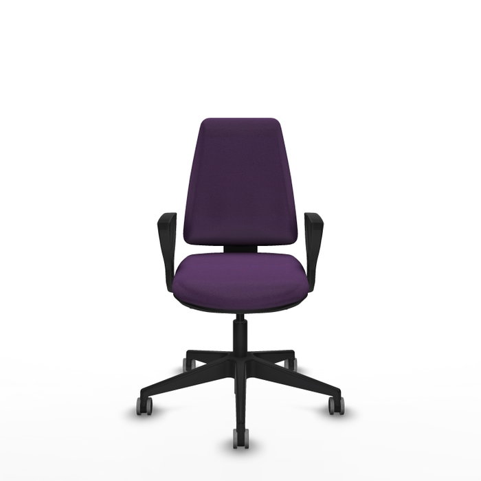 Silla de oficina Elche con mecanismo Asincro tapizada con Tela color Morado. Equipada con Base piramidal negra, Brazos fijos y Ruedas 65 mm parqué