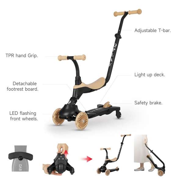 Ociotrends Patinete Evo Beige 6 en 1 con Luces y 3 Ruedas para Niños a partir de 1 Año