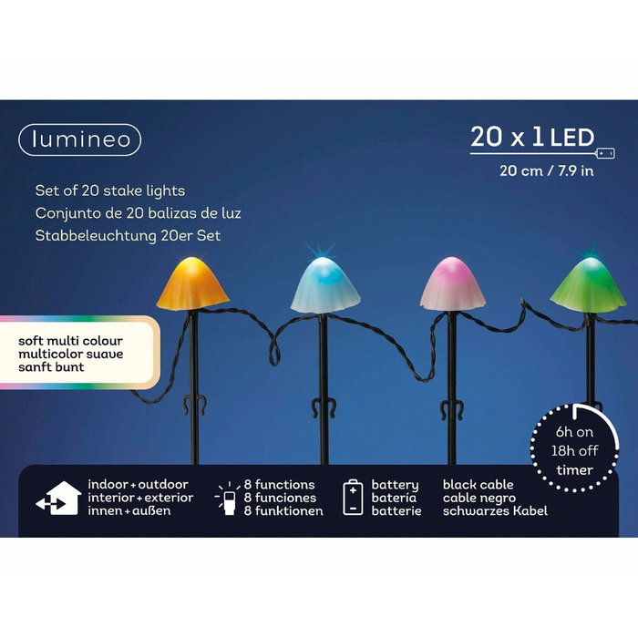 Estaca LED con forma de seta multicolor con 8 funciones para exterior, juego de 20 unidades