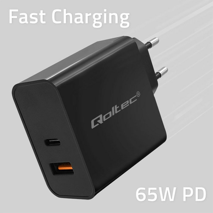 Qoltec Super Quick PD 65W con USB-C y USB - Negro