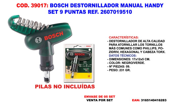 BOSCH Destornillador Manual Handy Set 9 Puntas BOSCH Destornillador Manual Handy Set 9 Puntas