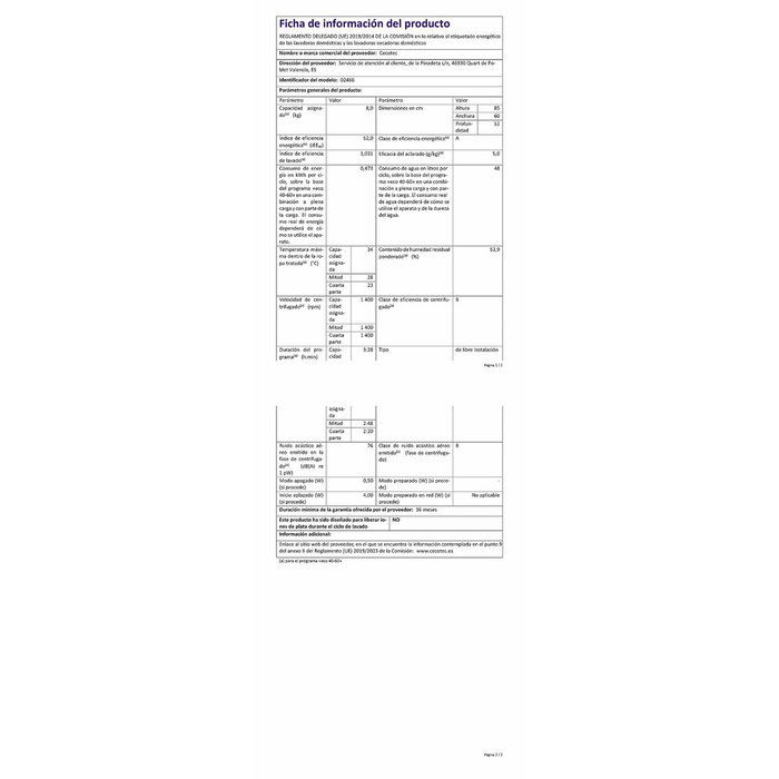Lavadora Cecotec Bolero DressCode 8500 Inverter A 8 kg