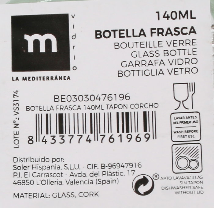 La Mediterranea Botella Frasca con Tapón de Corcho 140 ml (Pack de 48 unidades)</html>
