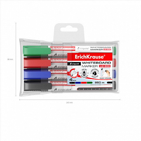 ERICH KRAUSE 58362 Set 4 Marcadores Pizarra Blanca Tinta Líquida LW-600 Negro, Azul, Rojo, Verde