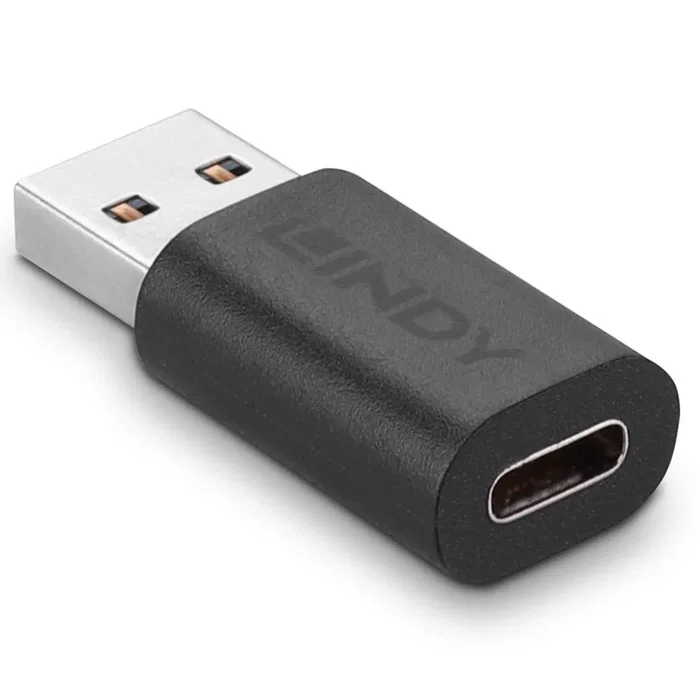 Lindy 41904 Adaptador USB 3.2 Tipo A Macho a Tipo C Hembra, Cambiador de Género, Negro, 10 Gbit/s