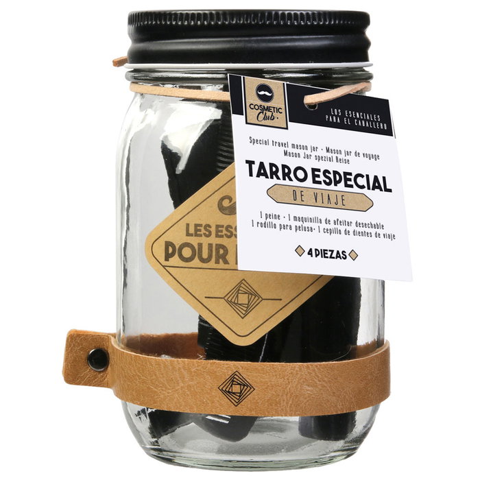 Cosmetic Club Tarro Especial Viaje 4 Piezas: Peine, Maquinilla Afeitar, Rodillo Pelusa, Cepillo Dientes