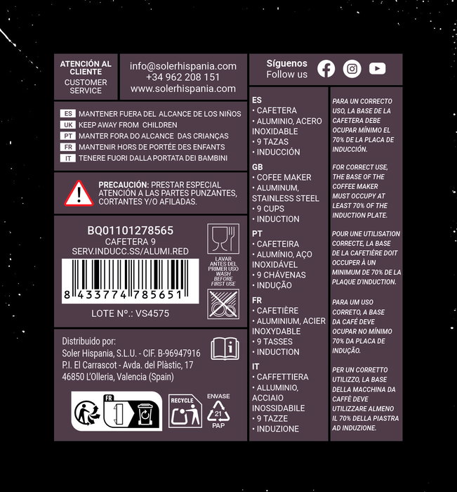 Inde Cafetera 9 Servicios Inducción Acero Inoxidable Aluminio Roja 19 cm Largo x 11.7 cm Ancho x 20.9 cm Alto (6 Unidades)