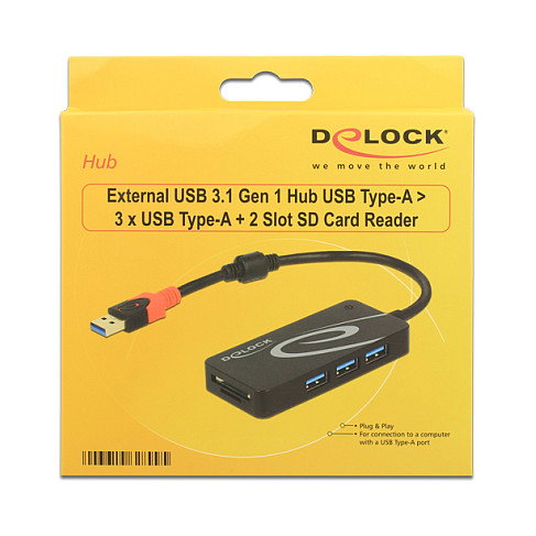 DeLOCK Hub USB con 3 puertos USB 3.2 Gen 1 y lector de tarjetas, Negro