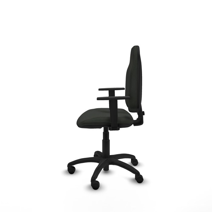 Silla de oficina Algarra con mecanismo Contacto permanente básico tapizada con Tela color Negro. Equipada con Base poliamida negra, Brazos 1D y Ruedas de nailon 50 mm
