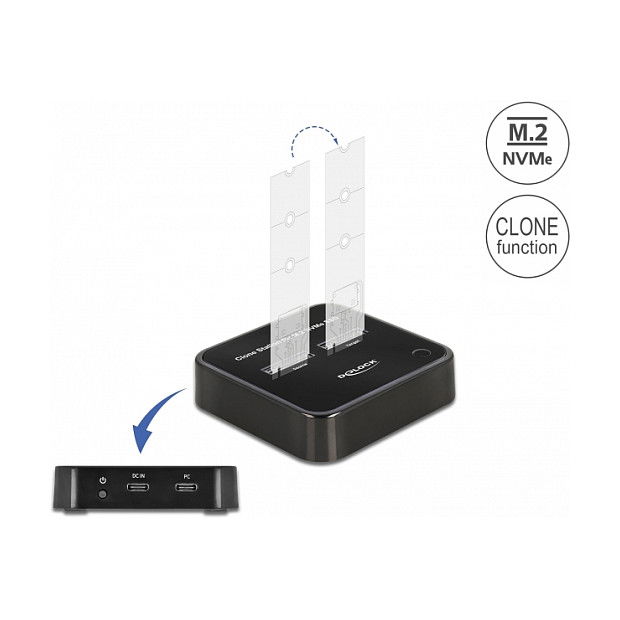 DeLOCK Estación de Acoplamiento M.2 para 2 NVMe PCIe SSD con Función Clonación, USB 3.2 Gen 2 Tipo C 10 Gbit/s, Plug and Play, Color Negro