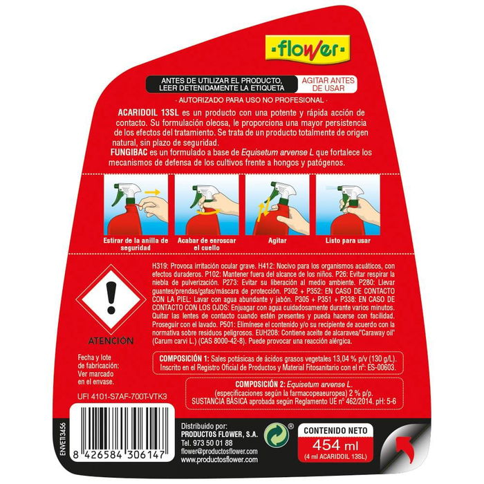 Flower - Insecticida Fungicida Acaricida Triple Acción para Plantas, 450 ml - Efecto Choque, Previene y Cura Hongos y Ácaros como Araña Roja