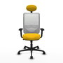Silla de oficina Zulema con mecanismo Sincro tapizada con Tela color Amarillo y malla color Blanco. Equipada con lumbar 1D, Brazos 2D, Cabecero Fijo y Ruedas 65mm nailon
