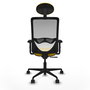 Silla de oficina Zulema con mecanismo Sincro tapizada con Tela color Amarillo y malla color Blanco. Equipada con lumbar 1D, Brazos 2D, Cabecero Fijo y Ruedas 65mm nailon