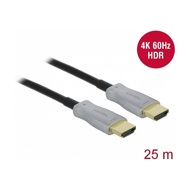 DeLOCK Cable Óptico Activo HDMI 4K 60 Hz 25 m, HDMI 18 Gbit/s, 2160p HDR, 25 Metros, Negro
